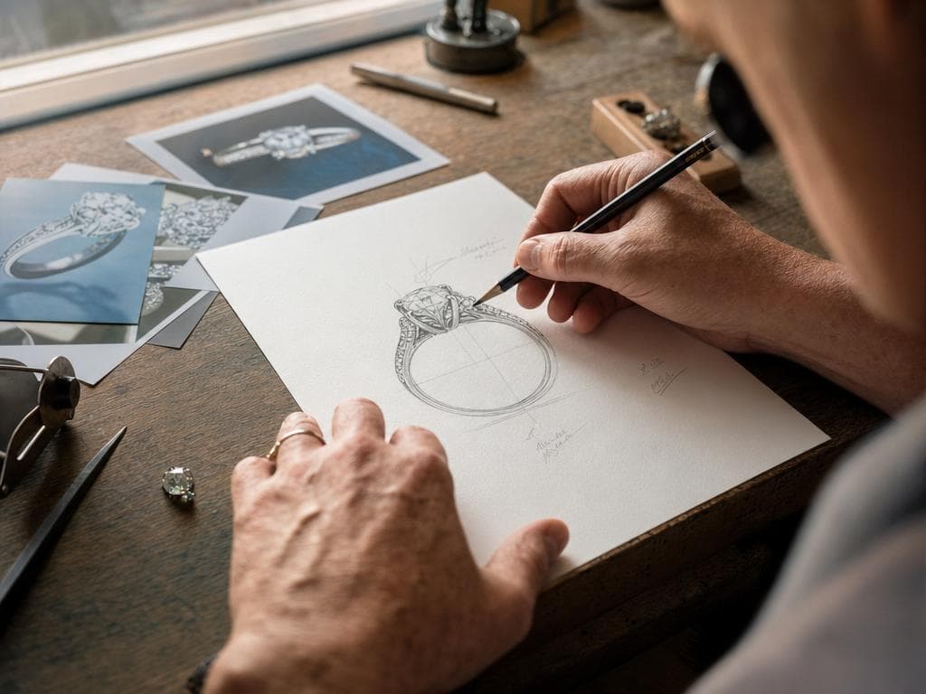 A master jeweler sketching a ring design in pencil at the bench, beside a loose diamond and reference photos