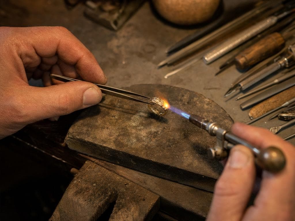 A master jeweler repairing a gold ring with a torch and tweezers at the bench
